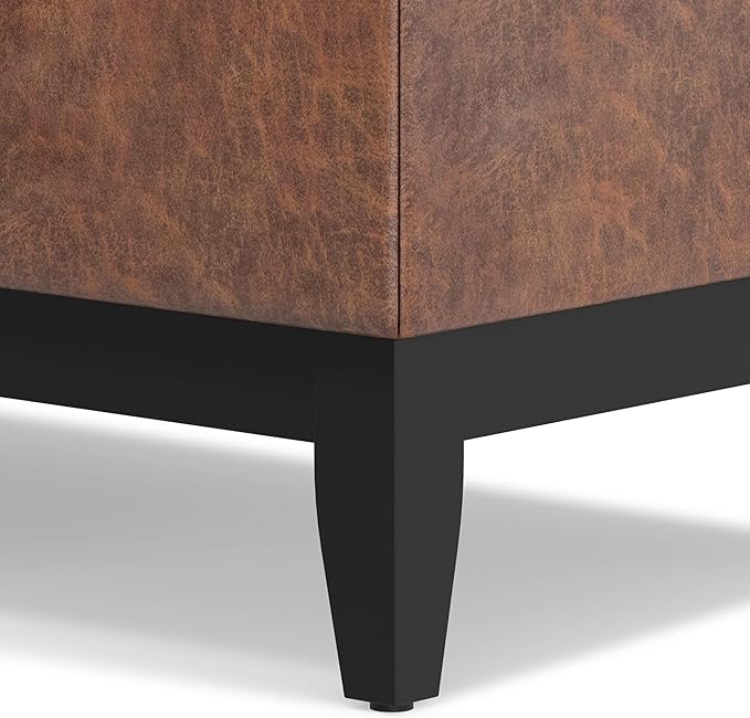 SIMPLIHOME Oregon 42 inch Wide Transitional Rectangle Storage Ottoman Bench with Tray in Distressed Saddle Brown Vegan Faux Leather, Assembled, For the Living Room, Entryway and Family Room