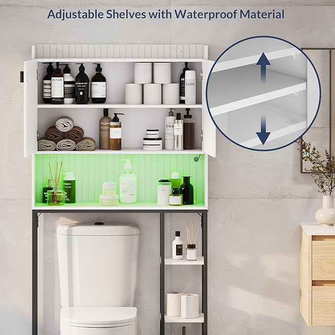 BELLEZE Freestanding Above Toilet Rack with LED Light, Over The Toilet Storage Cabinet with Adjustable Shelf, Bathroom Space Savers Anti-Tipping Device Included - Murano (White)