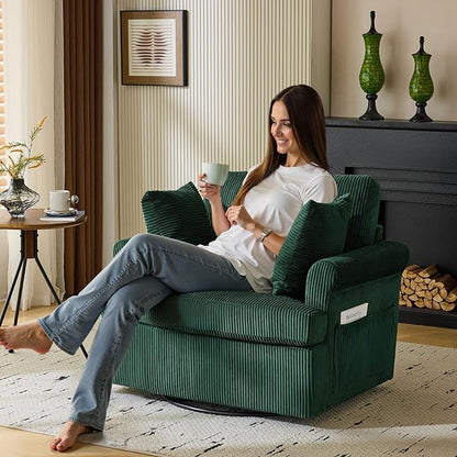 Karl home Swivel Accent Chair Set of 2, 39" Oversized Armchair W/2 Pillows and 4 Pockets,Modern Corduroy Barrel Chairs,Comfy Single Sofa for Living Room,Reading,Bedroom and Office-Dark Green