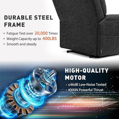 EONIX Triple Motor Lay Flat Power Lift Recliner Chair for Elderly, 400lbs Electirc Lift Chair for Living Room, Independent Adjustable Lumbar, Extended Footrest, Hidden Cup Holders, Charcoal Black