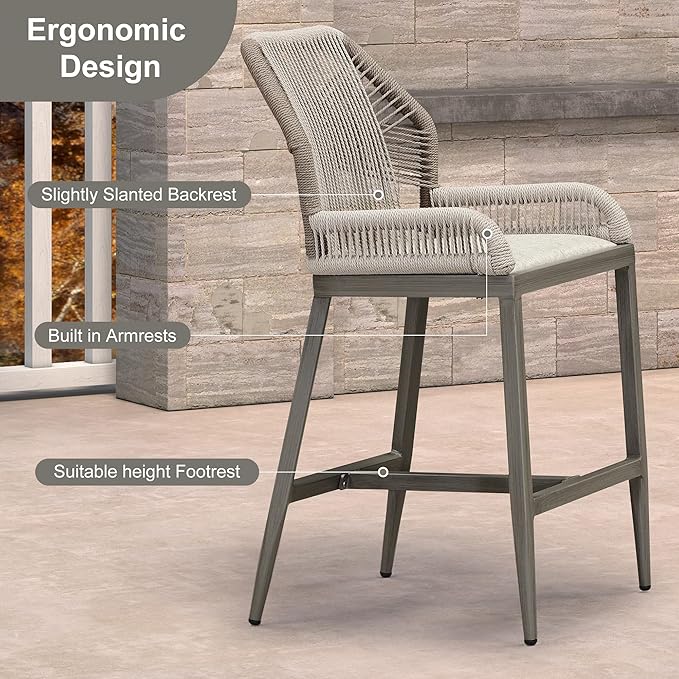 PURPLE LEAF 2 Pieces Counter Height Bar Stools Patio Boho Rattan Barstools Aluminum Woven Bar Chairs with Cushions for Outdoor Kitchen Island Garden