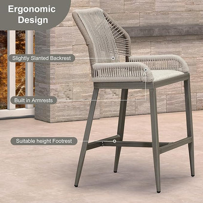 PURPLE LEAF 2 Pieces Counter Height Bar Stools Patio Boho Rattan Barstools Aluminum Woven Bar Chairs with Cushions for Outdoor Kitchen Island Garden