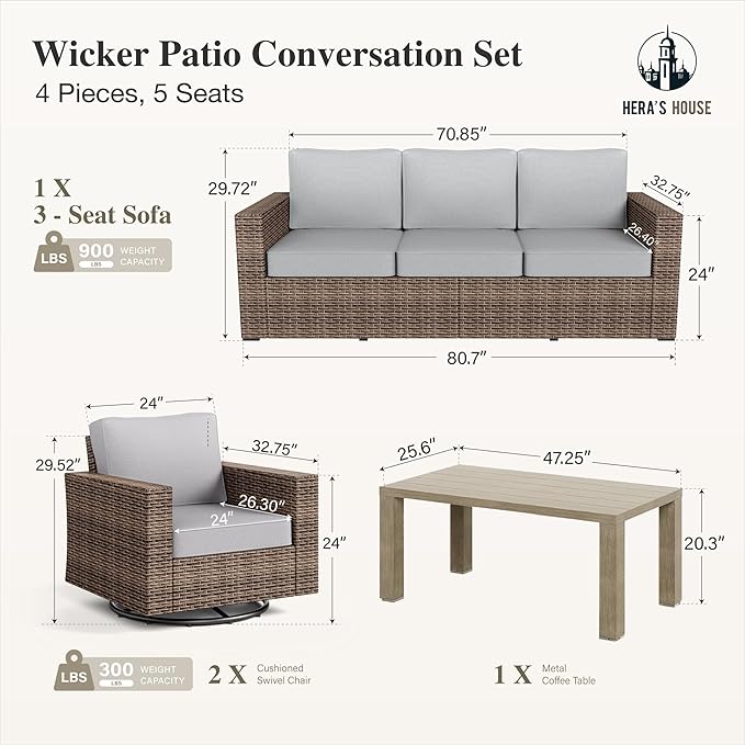 HERA'S HOUSE Patio Furniture Conversation Set with 4.92" Widened Armrest, Swivel Glide Chairs with 5.5" Thick Cushions, Gray Outdoor Wicker Sofa Set, 4 Pieces 5 Seats