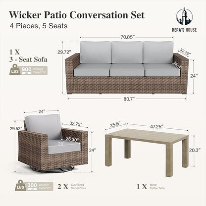 HERA'S HOUSE Patio Furniture Conversation Set with 4.92" Widened Armrest, Swivel Glide Chairs with 5.5" Thick Cushions, Gray Outdoor Wicker Sofa Set, 4 Pieces 5 Seats