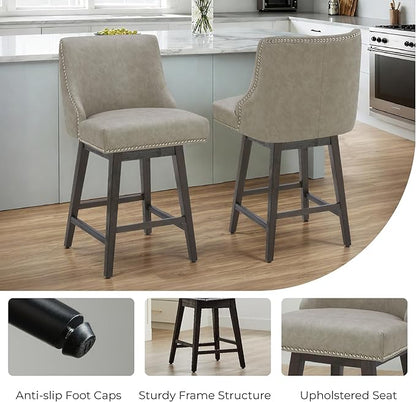 CHITA Counter Height Swivel Bar Stools, FSC Certified Upholstered Counter Stools, Modern Swivel Barstools with Wood Legs for Kitchen Island, 26" Seat Height, Faux Leather in Stone Grey