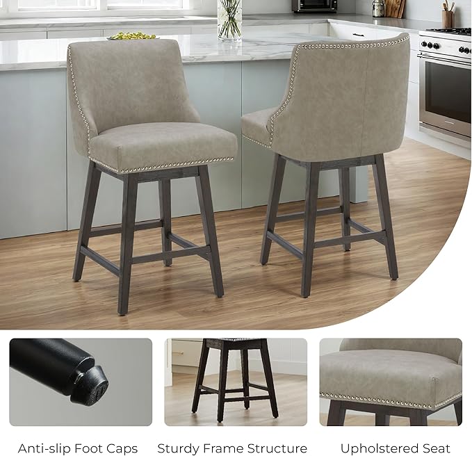 CHITA Counter Height Swivel Bar Stools Set of 2, FSC Certified Upholstered Counter Stools, Modern Swivel Barstools with Wood Legs for Kitchen Island, 26" Seat Height, Faux Leather in Stone Grey