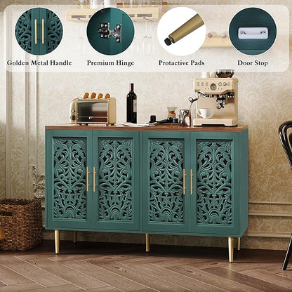 ARTPOWER 47.8" Accent Cabinet with 4 Doors, Vintage Hollow Carving Buffet Cabinet, Sideboards and Buffets with Storage, Credenza for Living Room, Kitchen, Dining Room, Entryway, Hallway, Green