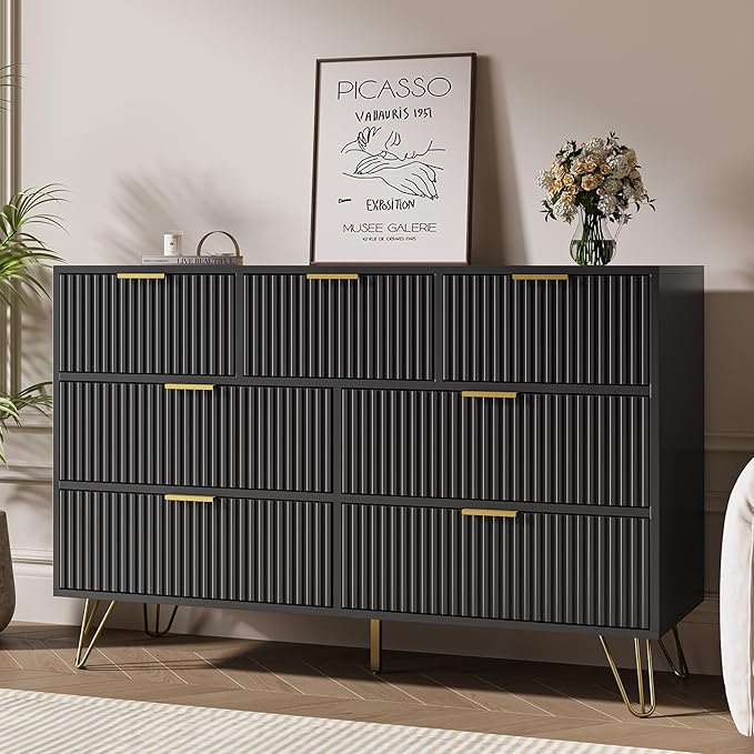 Black Dresser for Bedroom, 7 Drawer Dresser with Gold Pulls, Wide Chest of Drawers for Bedroom, Entryway, 47.2" L x 15.7" D x 31.4" H