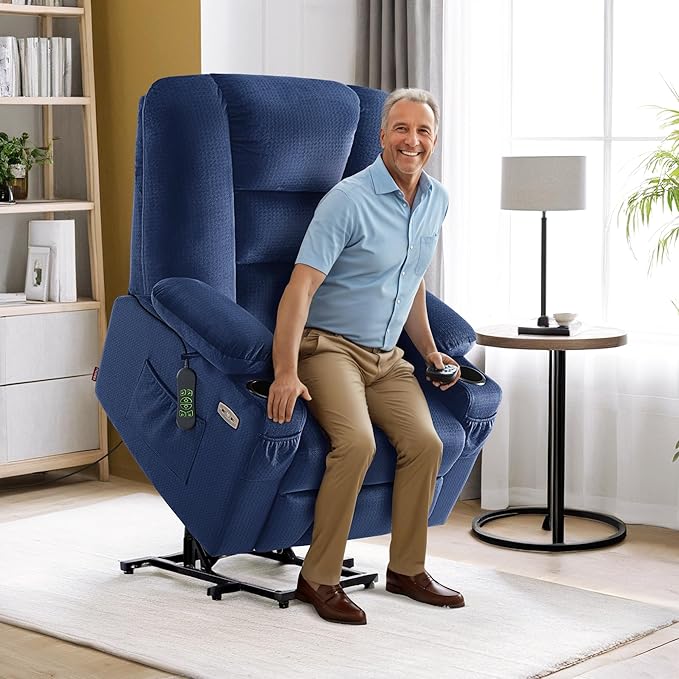 MCombo Large Power Lift Recliner Chair Sofa with Massage and Heat for Big and Tall Elderly People, 3 Positions, Cup Holders, and USB Ports, Fabric 7549 (Large, Navy Blue)