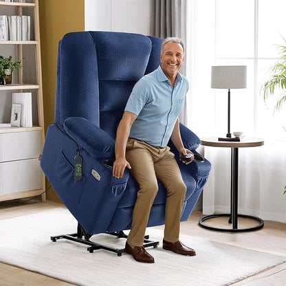 MCombo Large Power Lift Recliner Chair Sofa with Massage and Heat for Big and Tall Elderly People, 3 Positions, Cup Holders, and USB Ports, Fabric 7549 (Large, Navy Blue)