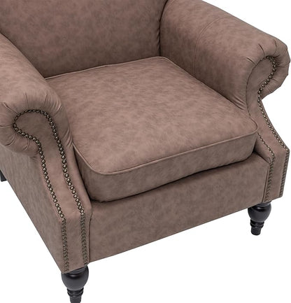 Accent Chair,22.4" Seat Depth Armchair with Roll Arms,36.6W*34.3D*34.6H Living Room Chair,Wood Legs,Set of 1,Faux Leather in Taupe