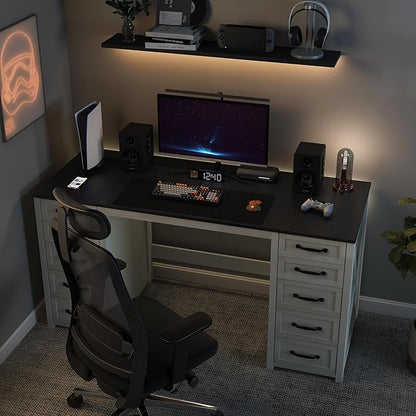 WOPITUES 60" Farmhouse Home Office Desk with 10 Wooden Drawers, Rustic Computer Writing Desk with Power Outlets, Large Executive Desk with Storage Cabinet for Work Study Writing, Black & White