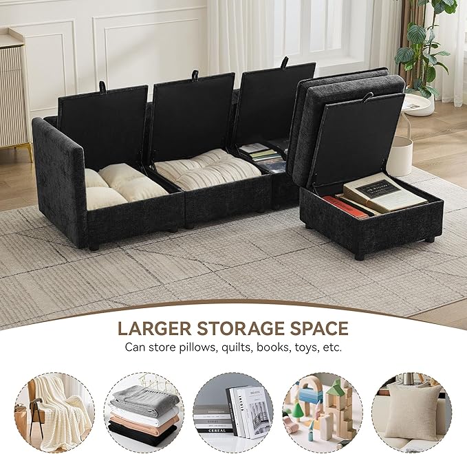 80" Cloud Modular 3 Seater Sofa with Storage Ottoman, Modern Upholstered Storage Sofa Couch Deep Seat, L Shape Sectional Sofa Chenille Comfy Couch with Armrests for Living Room, Small Space, Black