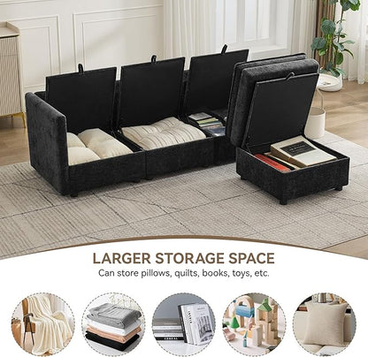80" Cloud Modular 3 Seater Sofa with Storage Ottoman, Modern Upholstered Storage Sofa Couch Deep Seat, L Shape Sectional Sofa Chenille Comfy Couch with Armrests for Living Room, Small Space, Black