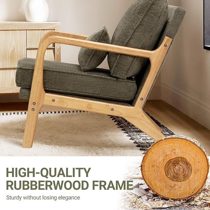 Modern Accent Chair with Lumbar Pillow, Relaxing Mid Century Chair Armchair with Solid Wood Frame & Soft Cushion, Reading Leisure Armchair for Living Room, Green