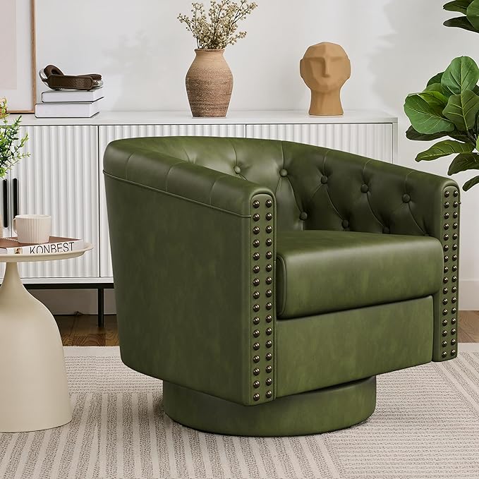 Swivel Barrel Accent Chair,Round Nailhead Faux Leather Living Room Arm Chairs,Modern Upholstered Comfty Reading Nook Chairs for Bedroom,Small Club Armchair,Single Sofa Side Chair,Olive Green