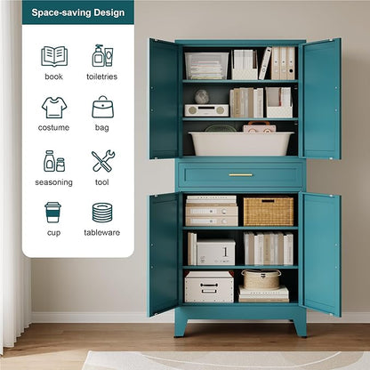 Large Metal Kitchen Pantry Cabinet with Adjustable Shelves - Freestanding Kitchen Storage Cabinet for Dining Room,Livingroom Bathroom, Hallway, Workshop, Office (Blue, 71"-1 Drawer)