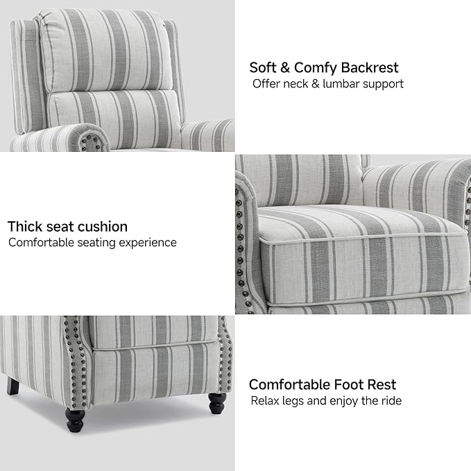 Lumibee Pushback Recliner Chair,Upholstered Wingback Chair for Small Spaces,2 Set of Floral Fabric Armchair for Living Room,Single Sofa Accent Chair Reading Seat for Balcony,Bedroom-Striple Gray