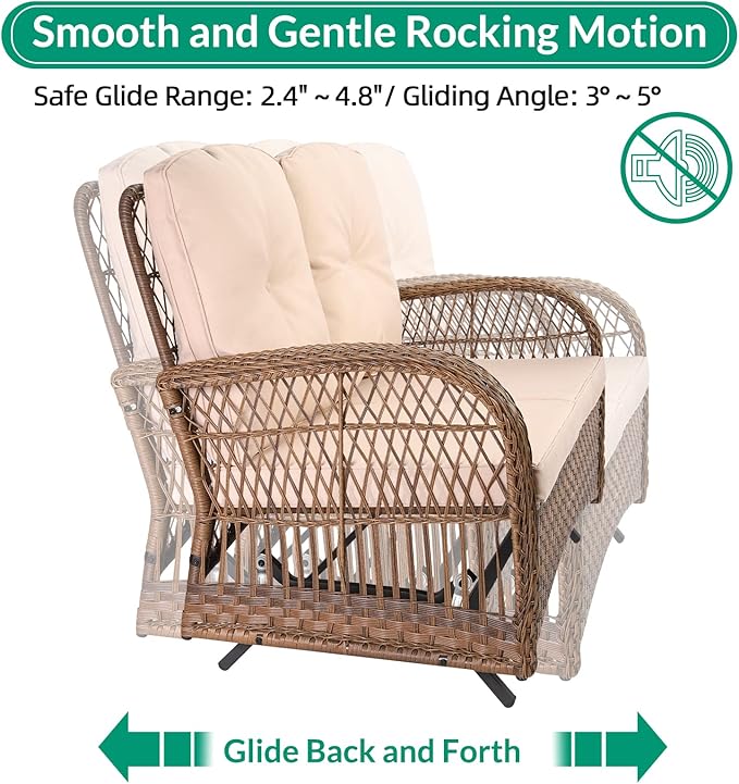 VIVIJASON 5-Piece Outdoor Patio Wicker Conversation Sets, All Weather Outdoor Rattan Furniture Set Includes Glider Loveseat, 2 Coffee Table, 2 Glider Rocker Chairs with Cushions, Light Brown