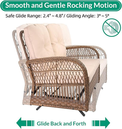 VIVIJASON 5-Piece Outdoor Patio Wicker Conversation Sets, All Weather Outdoor Rattan Furniture Set Includes Glider Loveseat, 2 Coffee Table, 2 Rocking Chairs with Cushions for Backyard, Light Brown