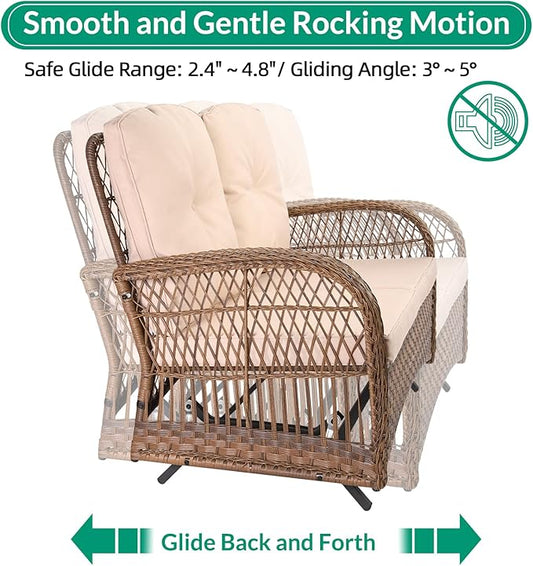 VIVIJASON 2-Piece Patio Wicker Loveseat Glider Set Cushioned, Outdoor Conversation Furniture Sets with 2-Seater Glider Rocking Bench, Coffee Table and Cushions for Porch Garden Poolside, Light Brown