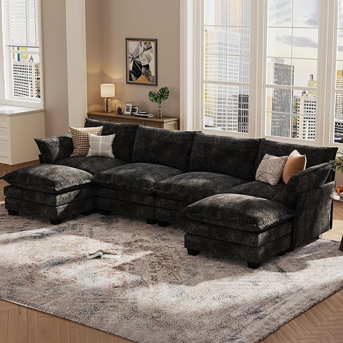 KKL 120" Modular Sectional Sofa, U-Shaped 6 Seater Convertible L-Shaped Cloud Couch with Ottoman, Chenille Modern Sectional Couches for Living Room, Apartment, Black