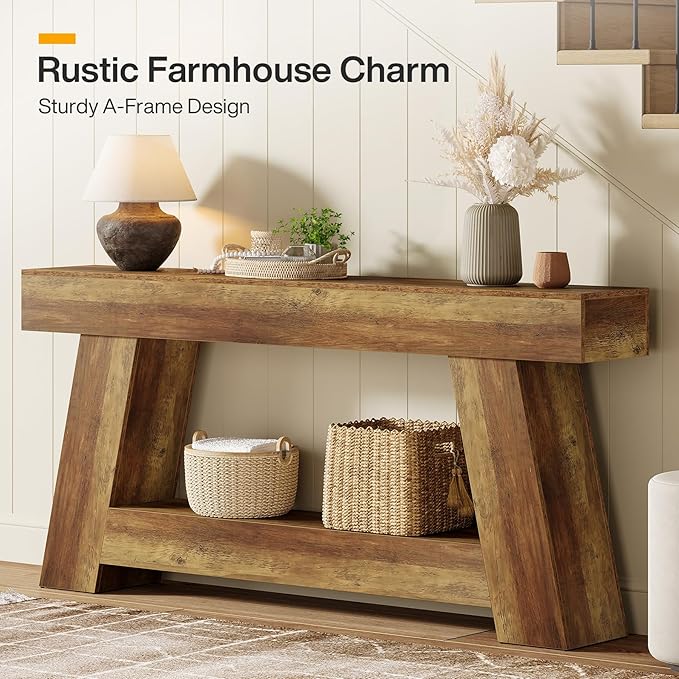 Tribesigns 70.9" Extra Long Console Table, Farmhouse 2-Tier Wooden Sofa Table, Rustic Entryway Tables with Open Storage Shelf for Entrance, Hallway, Living Room (Rustic Brown)