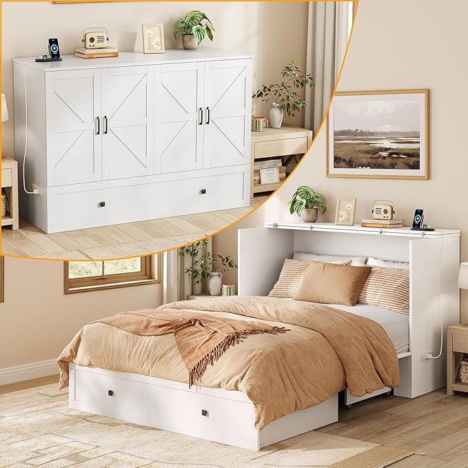 Murphy Bed Queen with Storage & Charging Station, Murphy Cabinet with Foldable Panel, Noisy Free, for Guest Bedroom, Living Room, Office, Distressed White