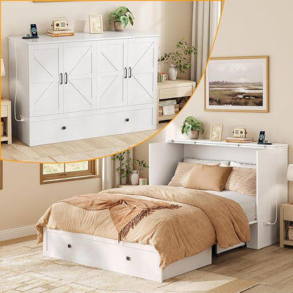 Murphy Bed Queen with Storage & Charging Station, Murphy Cabinet with Foldable Panel, Noisy Free, for Guest Bedroom, Living Room, Office, Distressed White