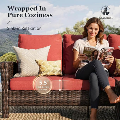 HERA'S HOUSE Red Patio Furniture Set, 8-Piece Outdoor Seating Conversation Sets with High Back Wicker Sofa, 4 x Swivel Chairs with 5.5" Thick Cushions, Fire Pit Table & Ottomans for Deck Yard Garden