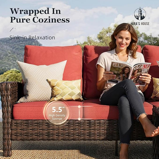 HERA'S HOUSE Red Outdoor Furniture Set with 35" High Back Swivel Chairs, Wicker Patio Conversation Sets with 5.5" Waterproof Cushions for Deck Lawn Yard