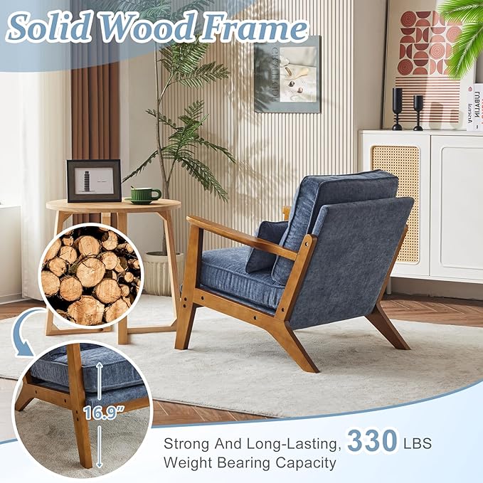 VINGLI Solid Wood Wide Armrests Accent Chair Set of 2,Upholstered Mid Century Modern Chair with Pillow,Comfy Reading Chair Farmhouse,Chairs Living Room,Bedroom,Guest Room,Chenille Fabric,Dark Blue