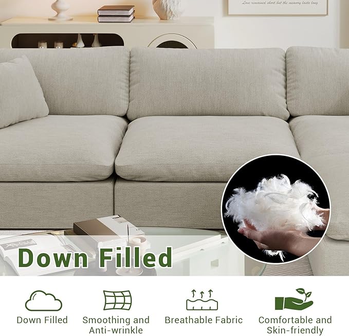 Cloud Modular Sectional Sofa,143" Down Filled Sofa 4 Seat with Chaise,Minimalist Sofa Cover Washable and Replaceable Couches for Living Room,Sectional Sofa Deep Seat