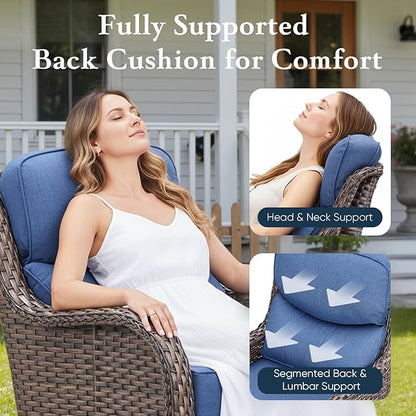 Belord Luxury 6" Thick Cushioned 11 Pieces Patio Furniture Set with Outdoor Couch, Wicker Outdoor Conversation Set with High Back Swivel Rocker Chairs for Deck Porch Yard and Poolside - Brown+Blue