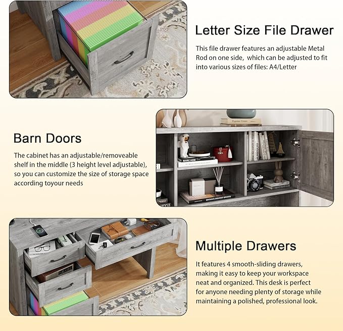 Farmhouse 67" H Executive Desk with Hutch,Computer Desk with 4 Drawers and LED light, Office table with Storage Cabinet & File Drawers and Charging Station,Workstation for Home Office and Study(Grey)