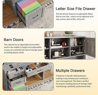 Farmhouse 67" H Executive Desk with Hutch,Computer Desk with 4 Drawers and LED light, Office table with Storage Cabinet & File Drawers and Charging Station,Workstation for Home Office and Study(Grey)