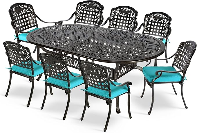 MEETWARM 9-Piece Outdoor Furniture Dining Set, All Weather Cast Aluminum Patio Garden Set with 8 Chairs, 8 Cushions, 1 Oval Table, 2" Umbrella Hole, Dark Bronze, Ocean Blue