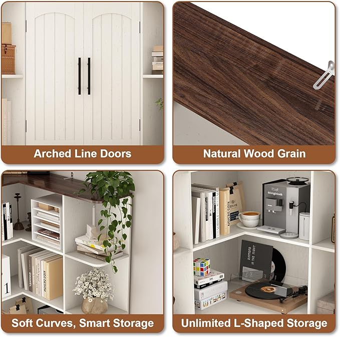 74" Tall Corner Bookshelf with 2 Arched Doors, 6-Tire L Shaped Bookcase with 16 Open Storage Shelves, Rustic Large Corner Shelf with Cabinet for Living Room, Home Office