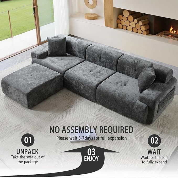 LIDYUK 118" Modern L-Shaped Boneless Couch Modular Sectional Sofa for Living Room, Chenille Upholstery Grey, Oversized 3-Seater Sectional Couch with Deep Seat and Movable Ottoman, No Assembly
