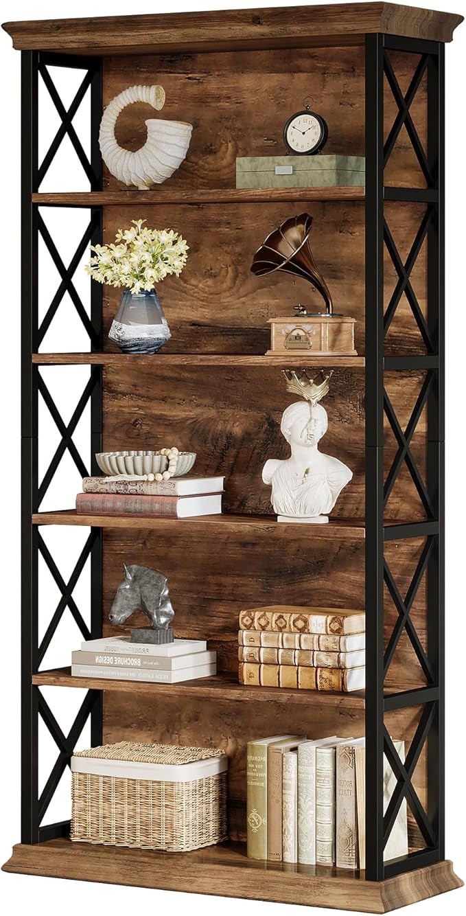 Tribesigns 71-Inch Tall Bookcase, 5-Tier Industrial Metal Bookshelf, Large Etagere Bookcases and Bookshelves, Freestanding Display Shelves for Living Room, Bedroom, Rustic Brown and Black (Set of 2)