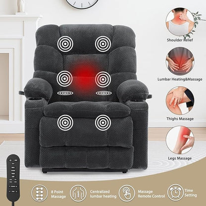 EONIX Dual Motor Wide Power Lift Recliner Chair for Elderly, Oversized Lay Flat Lift Chair with Heat and Massage and Cup Holders, 400lbs Heavy Duty Big and Tall Lift Recliner, Dark Grey Grey