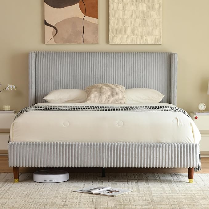 PINJU Queen Size Bed Frame, Upholstered Platform Bed with Modern Vertical Striped Wingback Headboard with Wooden Slats, Easy to Assemble No Noise Free (Grey, Queen (U.S. Standard))