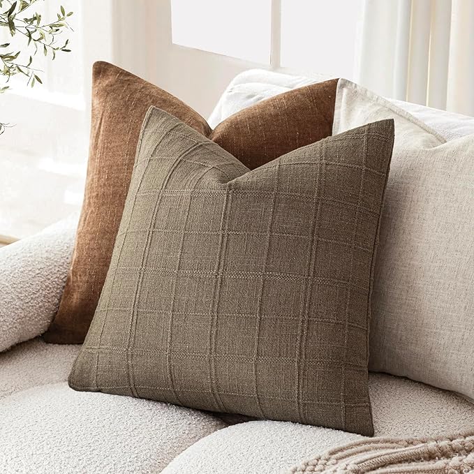 Foindtower Set of 2 Decorative Linen Check Throw Pillow Covers Neutral Farmhouse Vintage Cushion Covers Modern Boho Home Decor for Sofa Chair Couch Bedroom Living Room,20×20 Inch, Brown