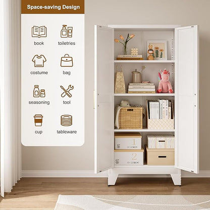 Large Metal Kitchen Pantry Cabinet with Adjustable Shelves - Freestanding Kitchen Storage Cabinet for Dining Room,Livingroom Bathroom, Hallway, Workshop, Office (White, 61"- 0 Drawer)