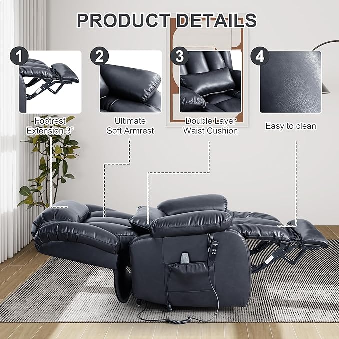 EDILLY Large Reclining Lift Chair, Dual Motor Massage Chair, Genuine Leather Recliner with Heating and Massage for Seniors, with Double Lumbar Cushion and Extended Footrest, USB Port(Blue)