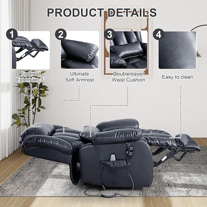 EDILLY Large Reclining Lift Chair, Dual Motor Massage Chair, Genuine Leather Recliner with Heating and Massage for Seniors, with Double Lumbar Cushion and Extended Footrest, USB Port(Blue)
