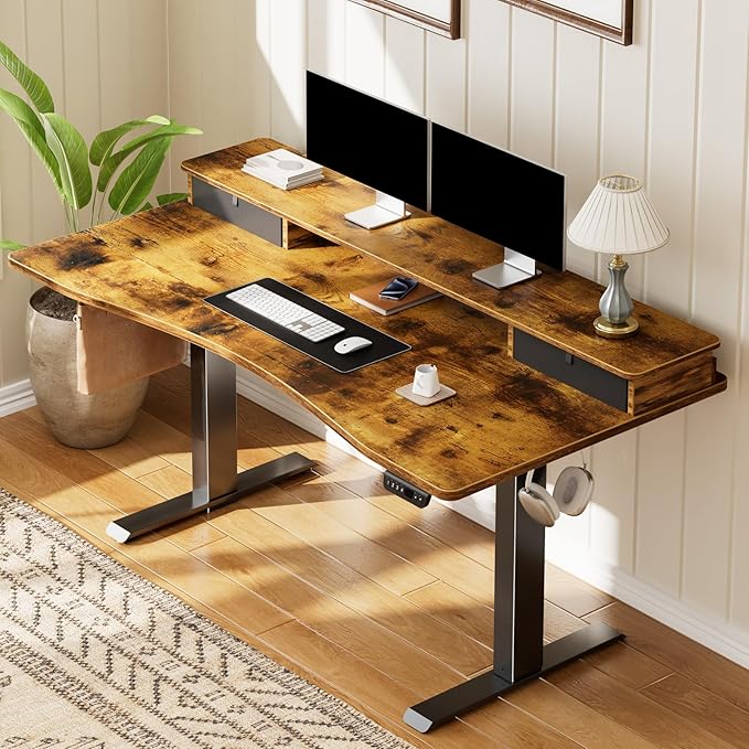 Veken 47.2"×27.6" Standing Desk with Storage Drawers, Adjustable Height Computer Table with Monitor Shelf, Home Office Desk for Study, Gaming, Workstation, Brown