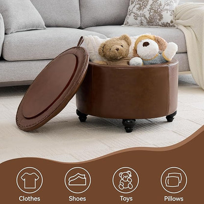 24Inch Round Storage Ottoman with Tray, Modern Tufted Leather Circle Coffee Table with Storage, Upholstered Ottoman with Removable Top for Living Room, Bedroom, Leather Coffee