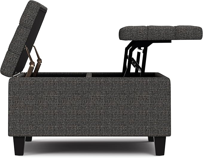 SIMPLIHOME Harrison 30 inch Wide Transitional Square Small Coffee Table Storage Ottoman in Ebony Tweed Polyester, Assembled, for The Living Room and Bedroom