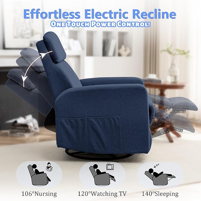 Power Swivel Recliner Chairs for Adults, Electric Glider Rocking Chair Nursery, Glider Recliner Nursery Chair with Classified Side Pocket, Nursery Rocking Chairs with USB and Type-C Ports